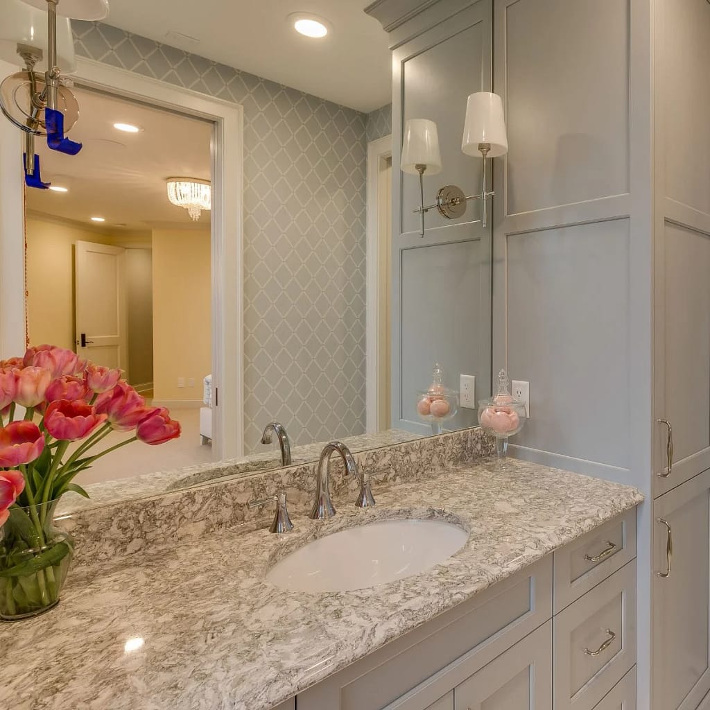 Granite Bathroom Worktop Over White Cabinets