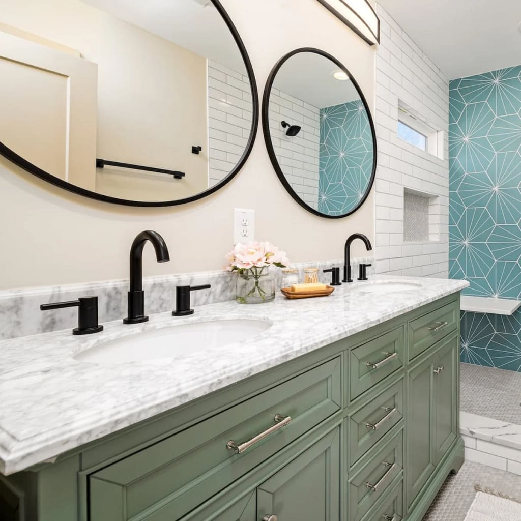 White Quartz Bathroom Countertop WIth Green Units